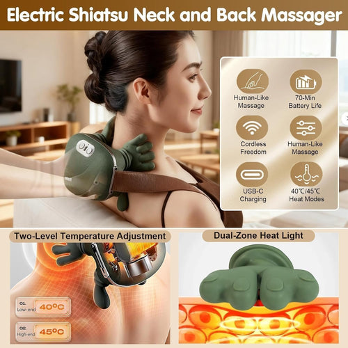 Bionic Heated Massager, Wireless Portable Shiatsu Neck and Back Massager, Electric Deep Tissue 4D Kneading Massage, Simulated Hand Design for Pain Relief and Muscle Relax (KL3)