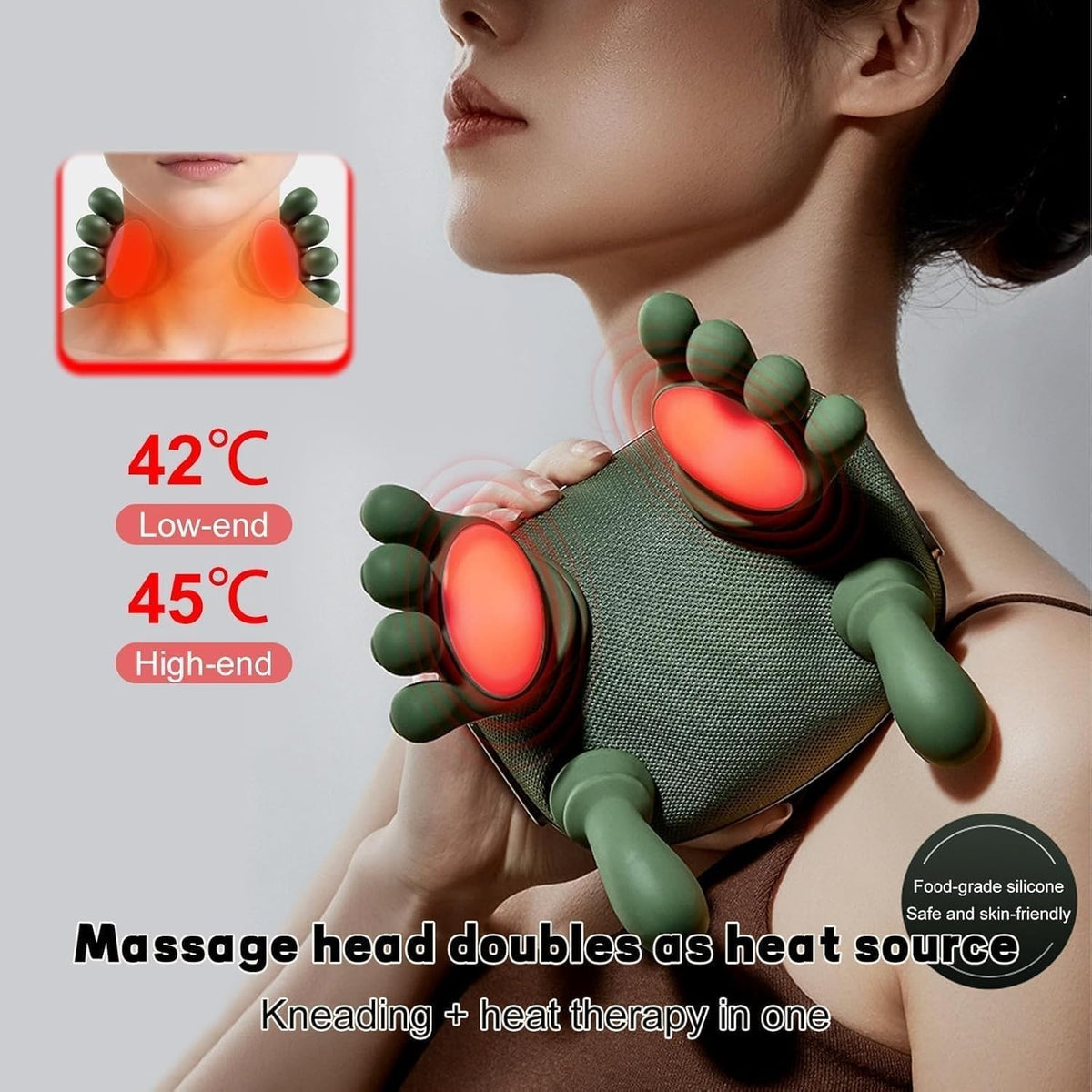 Bionic Heated Massager, Wireless Portable Shiatsu Neck and Back Massager, Electric Deep Tissue 4D Kneading Massage, Simulated Hand Design for Pain Relief and Muscle Relax (KL3)